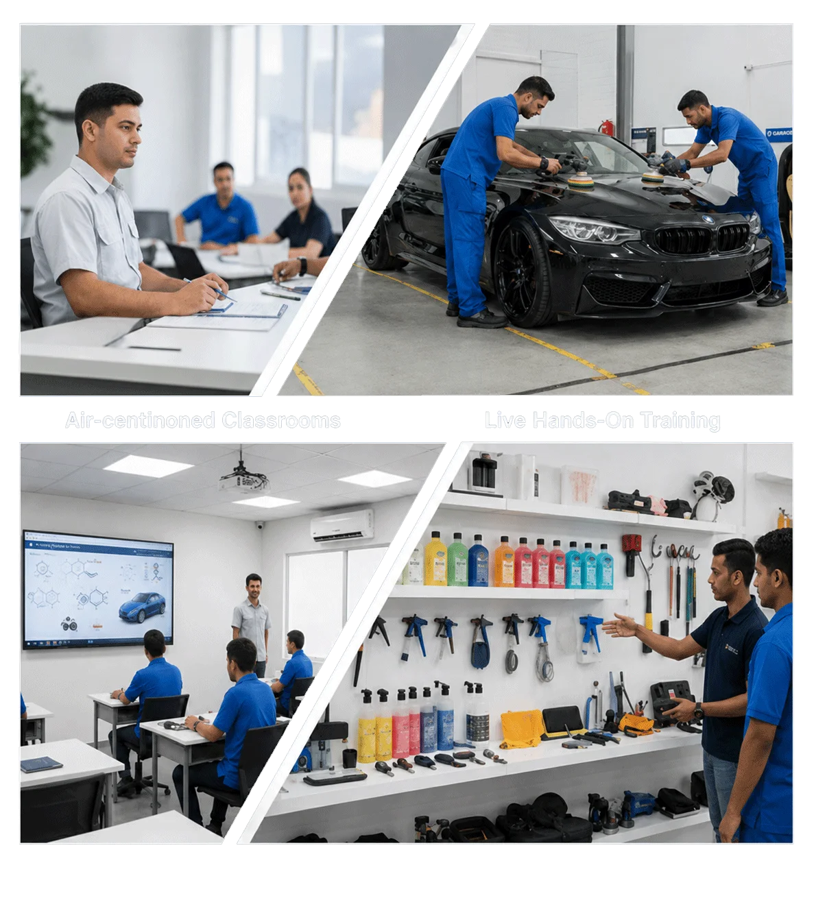 Trainees practising professional detailing on a real vehicle